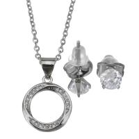 Cubic Zirconia Stainless Steel Jewelry Sets, Stud Earring & necklace, with rubber earnut, with 2Inch extender chain, oval chain & micro pave cubic zirconia & for woman, original color, 13x15mm,1.5mm,5mm, Length:Approx 17 Inch, Sold By Set