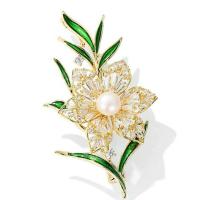 Cubic Zirconia Brooch Brass with Cubic Zirconia & Plastic Pearl Flower gold color plated for woman & enamel 60*44mm Sold By PC