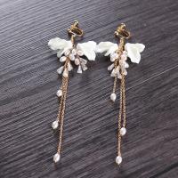 Zinc Alloy Earring Clip with ABS Plastic Pearl & Shell & Crystal Tassel gold color plated fashion jewelry & Korean style & for woman white nickel lead & cadmium free 130mm Sold By Pair