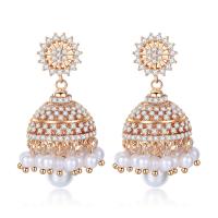Brass Drop Earring, with Plastic Pearl, brass post pin, Plating champagne gold, micro pave cubic zirconia & for woman, metallic color plated, 19x34mm, Sold By Pair