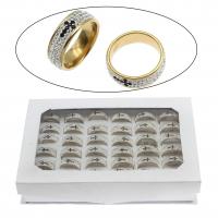 Rhinestone Stainless Steel Finger Ring, with paper box & Rhinestone Clay Pave, gold color plated, mixed ring size & Unisex, 8mm, US Ring Size:7-12, 36PCs/Box, Sold By Box