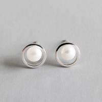 925 Sterling Silver Stud Earrings with Freshwater Pearl sterling silver post pin platinum plated for woman & hollow silver color 9.50mm Sold By Lot