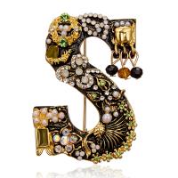 Tibetan Style Brooches, with Plastic Pearl, Alphabet Letter, gold color plated, different styles for choice & for woman & enamel & with rhinestone, nickel, lead & cadmium free, 5PCs/Lot, Sold By Lot