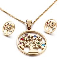 Rhinestone Stainless Steel Jewelry Set, Stud Earring & necklace, Tree, plated, 2 pieces & oval chain & for woman & with rhinestone, more colors for choice, 43*36mm,18*15mm, Length:Approx 15.9 Inch, Sold By Set