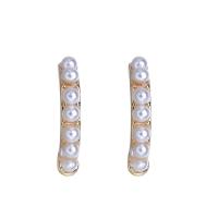 Brass Earring Stud Component, with ABS Plastic Pearl, gold color plated, Korean style & with loop, white, nickel, lead & cadmium free, 12.8x2.3mm, 10PCs/Bag, Sold By Bag