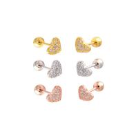 Brass Stud Earring, Heart, plated, micro pave cubic zirconia & for woman, more colors for choice, nickel, lead & cadmium free, 6mm, 10PCs/Lot, Sold By Lot