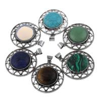 Gemstone Pendants Jewelry, Tibetan Style, with Gemstone, Flat Round, antique silver color plated, different materials for choice, nickel, lead & cadmium free, 45x41x10mm, Hole:Approx 2.5mm, 10PCs/Bag, Sold By Bag