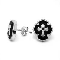 Stainless Steel Stud Earring Cross enamel black 12.60mm Sold By Lot