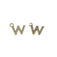 Cubic Zirconia Micro Pave Brass Pendant, Letter W, gold color plated, micro pave cubic zirconia, nickel, lead & cadmium free, 13.50x10x2mm, Hole:Approx 1.5mm, 30PCs/Bag, Sold By Bag