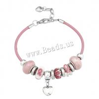 Brass European Bracelet with zinc alloy bead & leather cord & Lampwork plated for woman & enamel & with rhinestone pink Sold Per Approx 8.7 Inch Strand