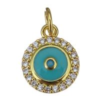 Cubic Zirconia Micro Pave Brass Pendant, Flat Round, gold color plated, fashion jewelry & micro pave cubic zirconia & enamel, nickel, lead & cadmium free, 10x12.5x3mm, 20PCs/Lot, Sold By Lot