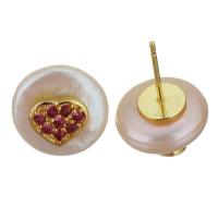 Goujon Laiton, avec perle d'eau douce cultivée, Placage de couleur d'or, bijoux de mode & pavé de micro zircon & pour femme, protéger l'environnement, sans nickel, plomb et cadmium, 12x17-18mm,0.8mm, Vendu par paire