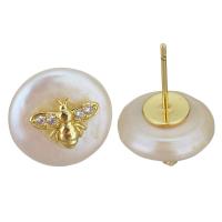 Goujon Laiton, avec perle d'eau douce cultivée, Placage de couleur d'or, bijoux de mode & pavé de micro zircon & pour femme, protéger l'environnement, sans nickel, plomb et cadmium, 13-13.5x13x18mm,0.8mm, Vendu par paire