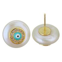 Brass Stud Earring, with Freshwater Pearl, gold color plated, fashion jewelry & evil eye pattern & micro pave cubic zirconia & for woman, nickel, lead & cadmium free, 14x19-20mm, Sold By Pair
