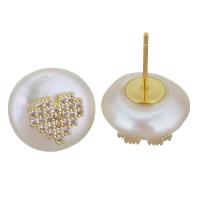 Goujon Laiton, avec perle d'eau douce cultivée, Placage de couleur d'or, bijoux de mode & pavé de micro zircon & pour femme, protéger l'environnement, sans nickel, plomb et cadmium, 13x19mm,0.8mm, Vendu par paire