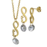 Fashion Stainless Steel Jewelry Sets, earring & necklace, with Glass, Infinity, gold color plated, fashion jewelry & oval chain & for woman, 6x15.5mm,7mm,1.5mm,6x15.5mm,7mm, Length:Approx 17 Inch, Sold By Set