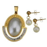 Rhinestone Stainless Steel Jewelry Set, Stud Earring & necklace, with Rhinestone Clay Pave & Plastic Pearl, gold color plated, fashion jewelry & for woman, 30x37mm,21mm,8x11mm, Hole:Approx 4.5x7mm, Sold By Set