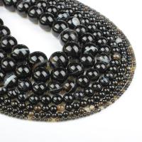 Natürliche Streifen Achat Perlen, rund, verschiedene Größen vorhanden, schwarz, Bohrung:ca. 1mm, verkauft per ca. 14.9 ZollInch Strang