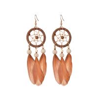 Fashion Feather Earring, Tibetan Style, with Feather & Velveteen Cord & Wood, Dream Catcher, gold color plated, Bohemian style & for woman, more colors for choice, nickel, lead & cadmium free, 31x115mm, 3Pairs/Lot, Sold By Lot