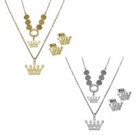 Fashion Stainless Steel Jewelry Sets, Stud Earring & necklace, with 2Inch extender chain, Crown, plated, oval chain & for woman & 2-strand, more colors for choice, 18x13.5mm,13x10mm,1.5mm,13x8.5mm, Length:Approx 16 Inch, 5Sets/Lot, Sold By Lot