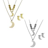Fashion Stainless Steel Jewelry Sets, Stud Earring & necklace, with 2Inch extender chain, Moon, plated, oval chain & for woman & 2-strand, more colors for choice, 13x19.5mm,9.5x14.5mm,1.5mm,9.5x13mm, Length:Approx 16 Inch, 5Sets/Lot, Sold By Lot