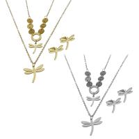 Fashion Stainless Steel Jewelry Sets, Stud Earring & necklace, with 2Inch extender chain, Dragonfly, plated, oval chain & for woman & 2-strand, more colors for choice, 18x15mm,13x11.5mm,1.5mm,13x10.5mm, Length:Approx 16 Inch, 5Sets/Lot, Sold By Lot