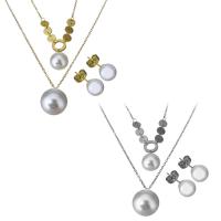 Fashion Stainless Steel Jewelry Sets, Stud Earring & necklace, with Plastic Pearl, with 2Inch extender chain, plated, oval chain & for woman & 2-strand, more colors for choice, 16x20mm,12x15.5mm,1.5mm,8x8mm, Length:Approx 17 Inch, 5Sets/Lot, Sold By Lot
