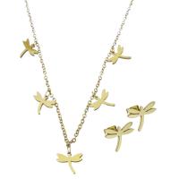 Fashion Stainless Steel Jewelry Sets, Stud Earring & necklace, with 2Inch extender chain, Dragonfly, gold color plated, oval chain & for woman, 10x8mm,1.5mm,10x8.5mm, Length:Approx 17 Inch, 5Sets/Lot, Sold By Lot