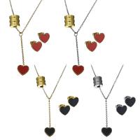 Fashion Stainless Steel Jewelry Sets, Stud Earring & necklace, with Resin, with 2Inch extender chain, Heart, plated, oval chain & for woman, more colors for choice, 10.5x10.5mm,10x10.5mm,44mm,1.5mm,10.5x9.5mm, Length:Approx 17 Inch, 5Sets/Lot, Sold By Lot