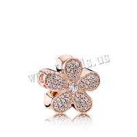 Tibetan Style European Large Hole Beads, Flower, rose gold color plated, DIY & with rhinestone, metallic color plated, 9x13mm, 20PCs/Strand, Sold By Strand