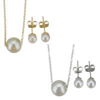 Fashion Stainless Steel Jewelry Sets, Stud Earring & necklace, with brass bail & Plastic Pearl, plated, oval chain & for woman, more colors for choice, 9x10mm,1.2mm,6mm, Length:Approx 17 Inch, Sold By Set