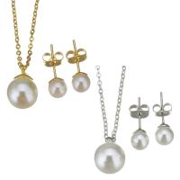 Fashion Stainless Steel Jewelry Sets Stud Earring & necklace with brass bail & Plastic Pearl plated oval chain & for woman 1.5mm 6mm Length Approx 17 Inch Sold By Set