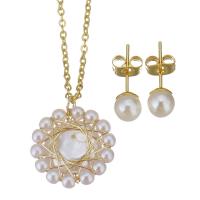 Fashion Stainless Steel Jewelry Sets, Stud Earring & necklace, with brass bail & Plastic Pearl, gold color plated, oval chain & for woman, 17.5x20mm,1.5mm,6mm, Length:Approx 17 Inch, Sold By Set