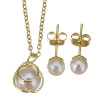 Fashion Stainless Steel Jewelry Sets Stud Earring & necklace with brass bail & Plastic Pearl gold color plated oval chain & for woman 1.5mm 6mm Length Approx 17 Inch Sold By Set