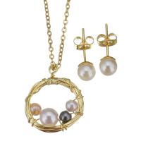 Fashion Stainless Steel Jewelry Sets, Stud Earring & necklace, with brass bail & Plastic Pearl, gold color plated, oval chain & for woman, 18x23mm,1.5mm,6mm, Length:Approx 17 Inch, Sold By Set