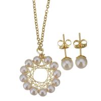 Fashion Stainless Steel Jewelry Sets, Stud Earring & necklace, with brass bail & Plastic Pearl, gold color plated, oval chain & for woman, 15x23mm,1.5mm,6mm, Length:Approx 17 Inch, Sold By Set