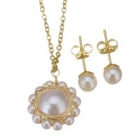 Fashion Stainless Steel Jewelry Sets, Stud Earring & necklace, with brass bail & Plastic Pearl, gold color plated, oval chain & for woman, 15.5x19mm,1.5mm,6mm, Length:Approx 17 Inch, Sold By Set