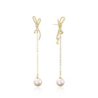 Cubic Zirconia Micro Pave Sterling Silver Earring 925 Sterling Silver with Shell Pearl Bowknot gold color plated with plastic earnut & micro pave cubic zirconia & for woman & hollow Sold By Pair