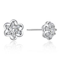 Cubic Zirconia Micro Pave Sterling Silver Earring 925 Sterling Silver Flower platinum plated with plastic earnut & micro pave cubic zirconia & for woman Sold By Pair