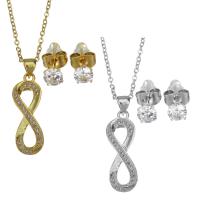Cubic Zirconia Sada nerezových šperků, Stud náušnice & náhrdelník, Nerez, s 1.5 inch extender řetězce, á, 2 kusy & micro vydláždit kubické zirkony & pro ženy & dutý, více barev na výběr, 9x25.5mm,1.5mm,5mm, Délka Cca 17 inch, 3Soupravy/Lot, Prodáno By Lot