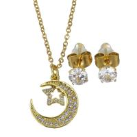 Cubic Zirconia Stainless Steel Jewelry Sets, Stud Earring & necklace, with 1.5 inch extender chain, Moon and Star, gold color plated, 2 pieces & micro pave cubic zirconia & for woman, metallic color plated, 14.5x17mm,1.5mm,5mm, Length:Approx 17 Inch, 3Sets/Lot, Sold By Lot