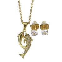 Cubic Zirconia Stainless Steel Jewelry Sets Stud Earring & necklace with 1.5 inch extender chain Dolphin gold color plated 2 pieces & micro pave cubic zirconia & for woman metallic color plated 1.5mm 5mm Length Approx 17 Inch Sold By Lot