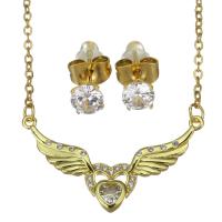 Cubic Zirconia Stainless Steel Jewelry Sets, Stud Earring & necklace, with 1.5 inch extender chain, gold color plated, 2 pieces & micro pave cubic zirconia & for woman, metallic color plated, 31x17.5mm,1.5mm,5mm, Length:Approx 17 Inch, 3Sets/Lot, Sold By Lot