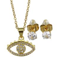 Cubic Zirconia Stainless Steel Jewelry Sets, Stud Earring & necklace, with 1.5 inch extender chain, gold color plated, 2 pieces & micro pave cubic zirconia & for woman, metallic color plated, 17x13mm,1.5mm,5mm, Length:Approx 17 Inch, 3Sets/Lot, Sold By Lot