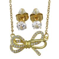 Cubic Zirconia Stainless Steel Jewelry Sets, Stud Earring & necklace, with 1.5 inch extender chain, Bowknot, gold color plated, 2 pieces & micro pave cubic zirconia & for woman & hollow, metallic color plated, 23x15mm,1.5mm,5mm, Length:Approx 17 Inch, 3Sets/Lot, Sold By Lot