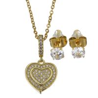 Cubic Zirconia Stainless Steel Jewelry Sets, Stud Earring & necklace, with 1.5 inch extender chain, Heart, gold color plated, 2 pieces & micro pave cubic zirconia & for woman, metallic color plated, 12.5x13.5mm,1.5mm,5mm, Length:Approx 17 Inch, 3Sets/Lot, Sold By Lot