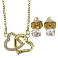 Cubic Zirconia Stainless Steel Jewelry Sets, Stud Earring & necklace, with 1.5 inch extender chain, Heart, gold color plated, 2 pieces & micro pave cubic zirconia & for woman & hollow, metallic color plated, 18x13.5mm,1.5mm,5mm, Length:Approx 17 Inch, 3Sets/Lot, Sold By Lot