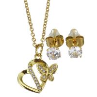 Cubic Zirconia Stainless Steel Jewelry Sets, Stud Earring & necklace, gold color plated, 2 pieces & micro pave cubic zirconia & for woman & hollow, metallic color plated, 15x15mm,1.5mm,5mm, Length:Approx 17 Inch, 3Sets/Lot, Sold By Lot