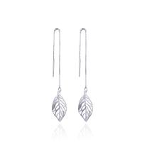 925 Sterling Silver Thread Through Earrings, Leaf, platinum plated, with plastic earnut & box chain & for woman & hollow, 10.30x93.50mm, Sold By Pair