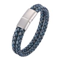 Leather Cord Bracelet Stainless Steel with Full Grain Cowhide Leather Double Layer & fashion jewelry & Unisex blue Sold By PC